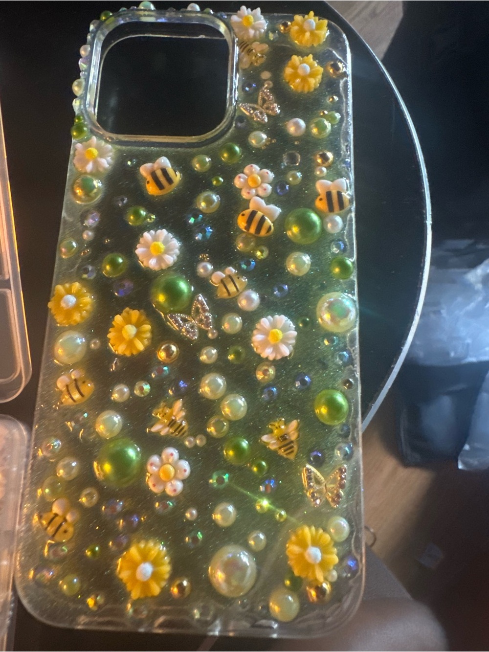 Yellow Bee & Daisy Bling Phone Case - Clear Green Accent